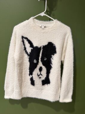 On 34th Cozy White Fuzzy Crewneck Sweater with Black Dog Face, NWOT